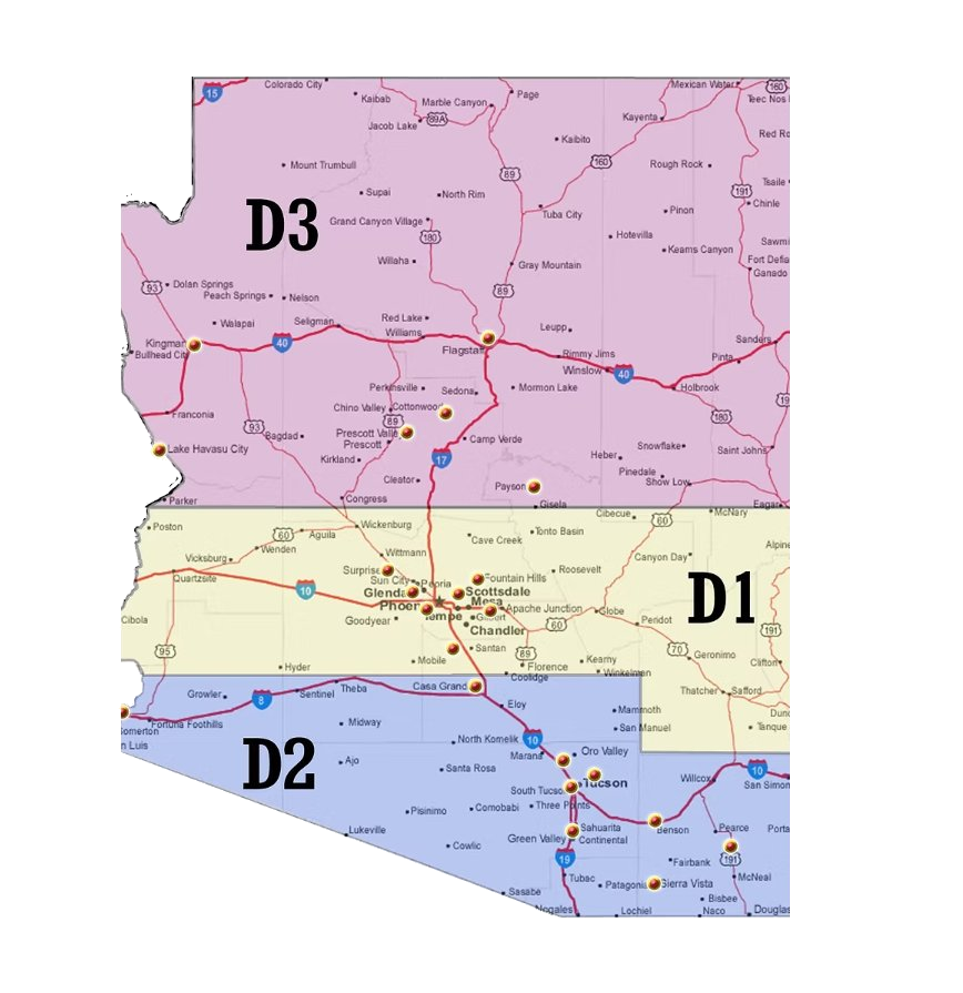 MCL Arizona Division Map — D1 Central, D2 Southern, D3 Northern